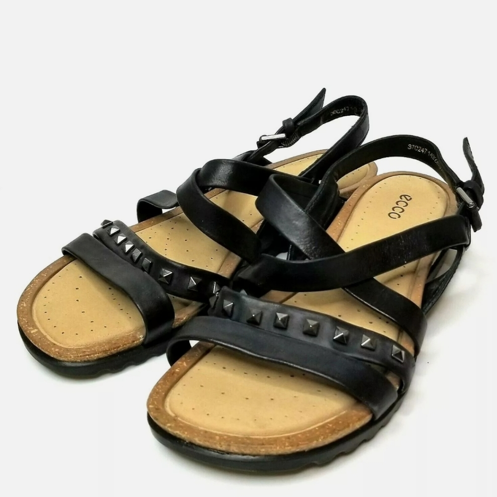 ECCO Dagmar Black Leather Studded Flat Sandals